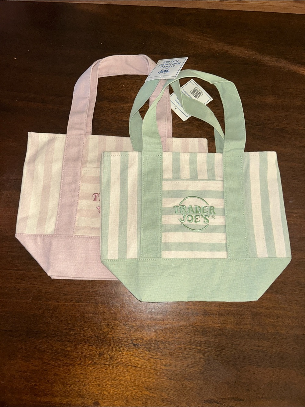Mint and Pink Striped Canvas Tote Pair